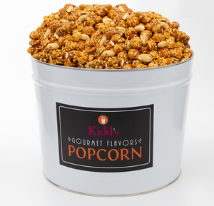 Shippable 2 gallon White Popcorn tin filled with Cracker Jacks style Gourmet - sweet caramel and salty peanuts. 