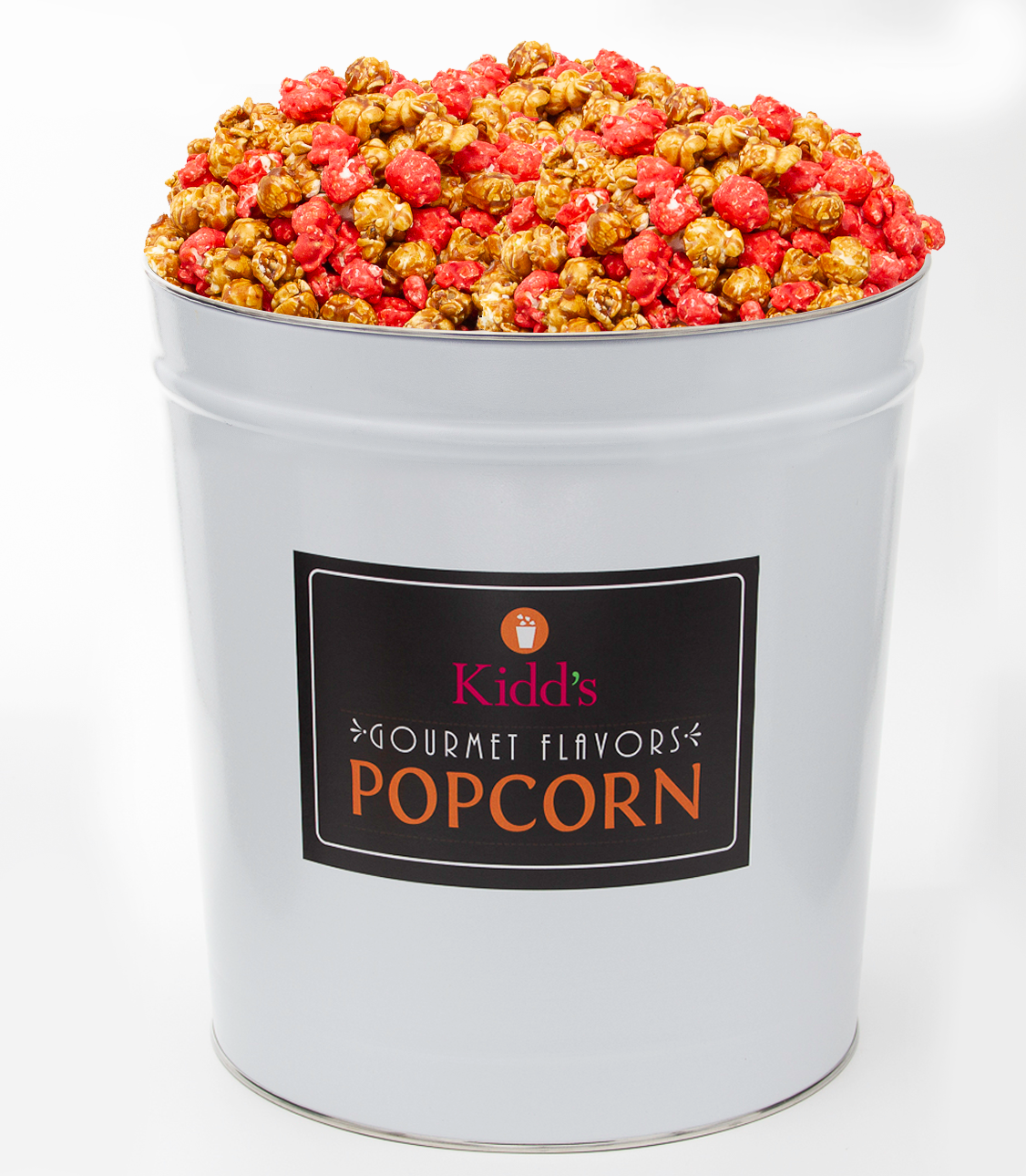 Fifty Percent Off Tins of our Signature White with black label Large popcorn Gift Tin. Filled with RedHots Cinnamon candy popcorn and mouthwatering caramel corn.