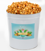 Load image into Gallery viewer, Large Easter Gift Basket Popcorn Tin filled with award winning caramel popcorn and cheesy sharp cheddar, Chicago Mix Popcorn. Perfect for Easter Egg Hunts..
