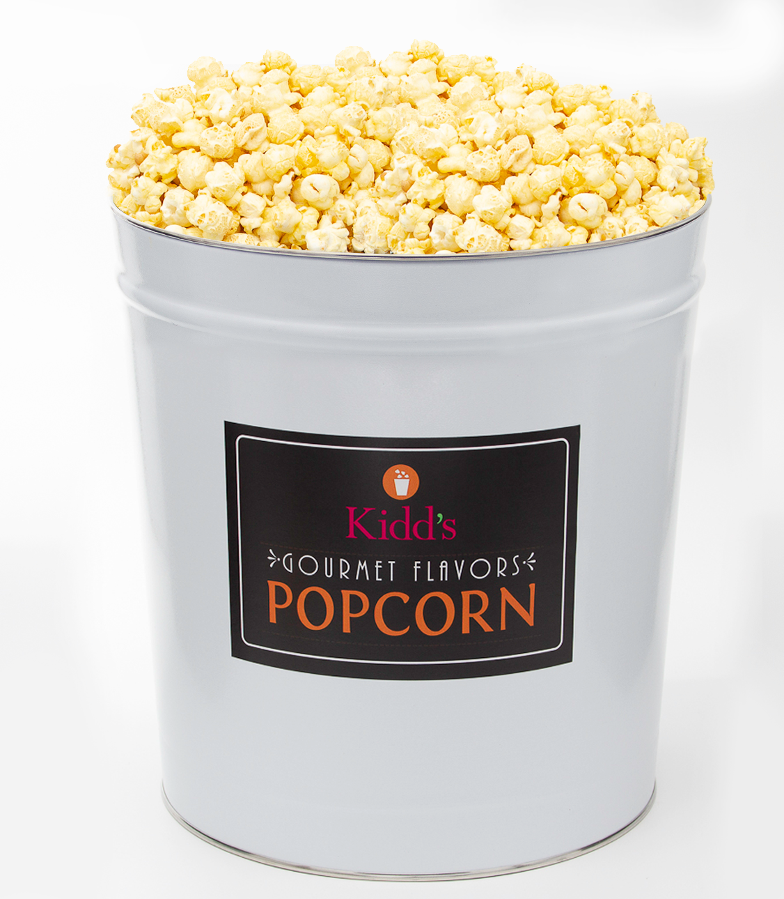 Small Batch, Made-in-House Garlic Parmesan Flavored Popcorn in a large 3.5 gallon White and Black Label Popcorn Tin Canister.