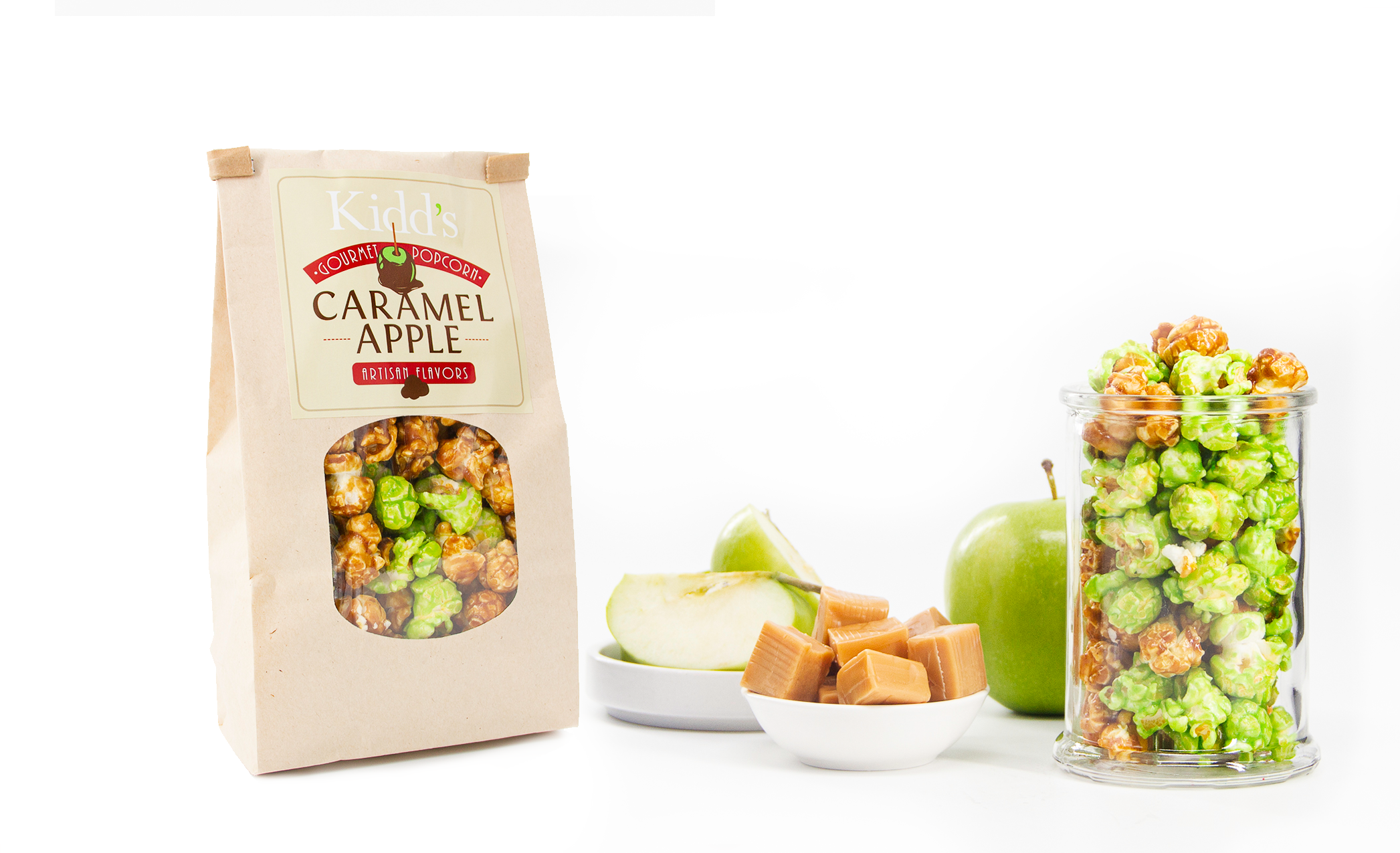 Specialty flavors gourmet popcorn in Caramel Apple. Crunch, tart and sweet flavors mixed together in small bag. buy in sets of two.