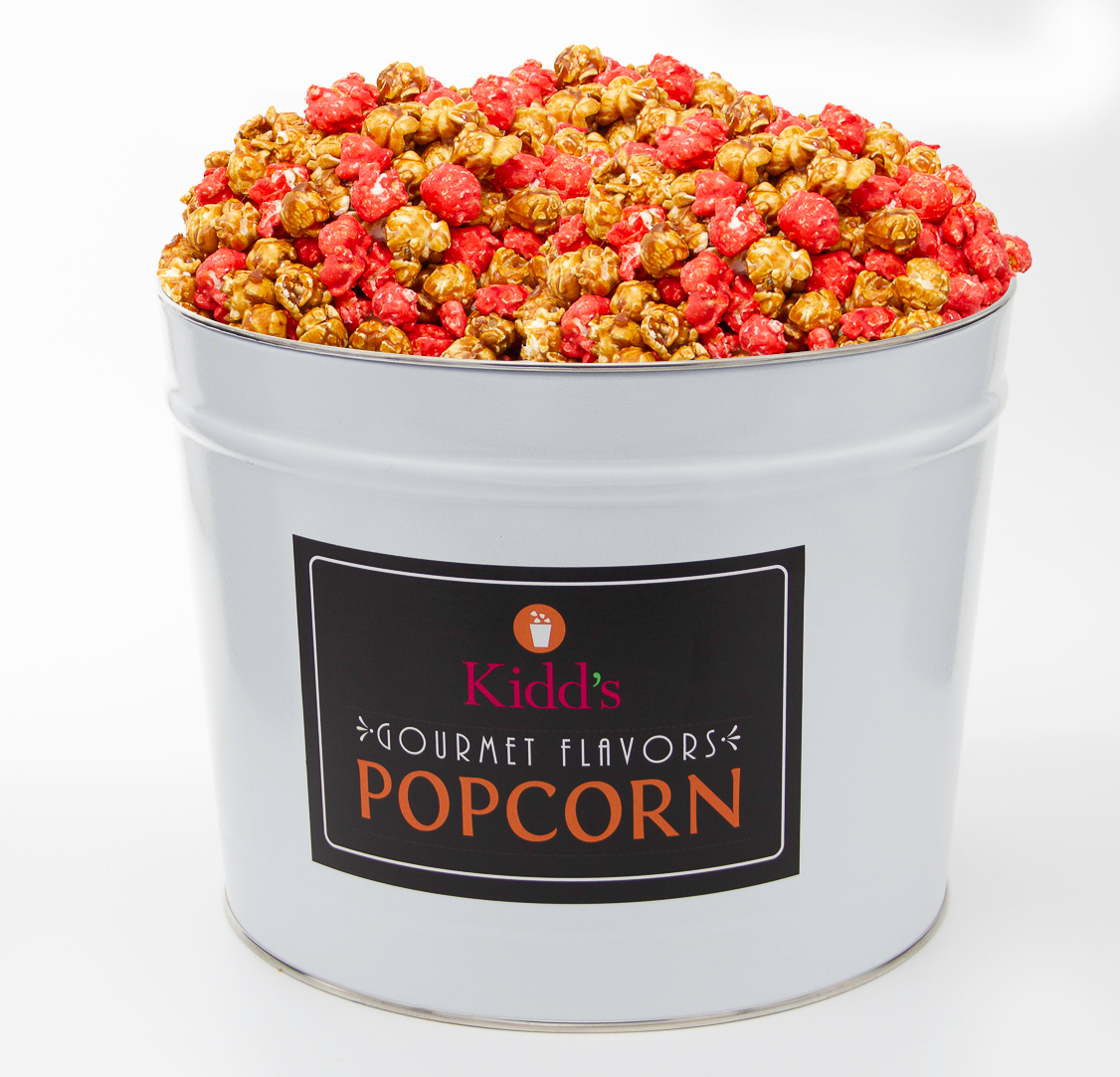 Signature White and Black 2 gallon Popcorn tin filled with RedHots Cinnamon and  tasty caramel popcorn