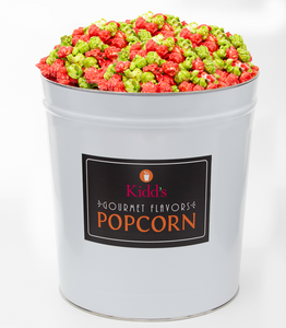 Deliver large mixed popcorn tins filled with cinnamon apple popcorn.