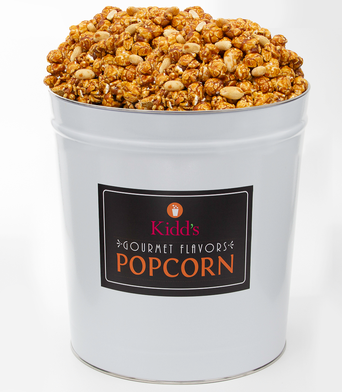 Kidd's Pop Shop Popcorn Brand large white gift tin is filled with 58 cups of Cracker Jacks style popcorn. Our award winning Caramel Popcorn with nuts is the perfect salty and sweet snack.