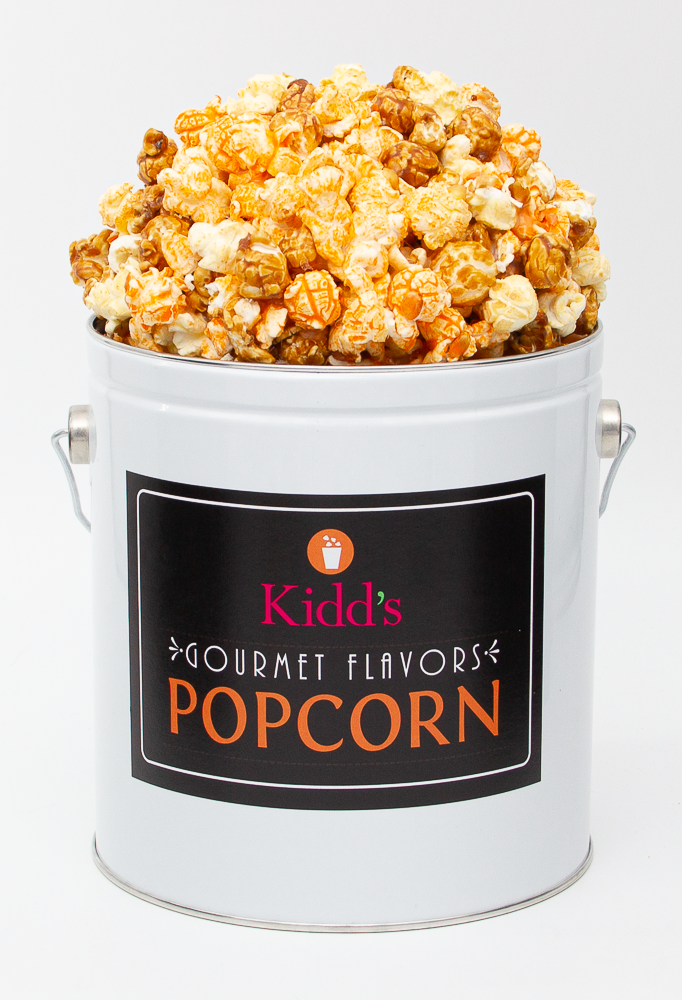 Three flavor one gallon popcorn tin sold in our most popular gourmet popcorn flavors. Flavorful Cheese, Tasty White Cheddar and the best caramel popcorn. It's a fancy food gift in a resealable, reusable tin.