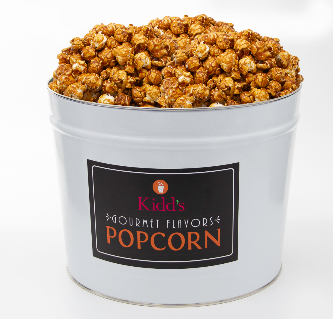 Luxury Caramel Popcorn in shippable white with black label popcorn tin.