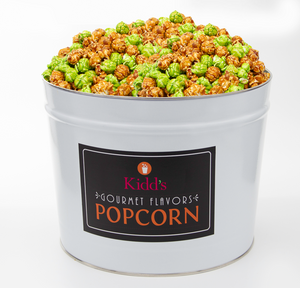 Kidd's Pop Shop signature 2 gallon white tin with black label  filled with specialty gourmet popcorn caramel apple.