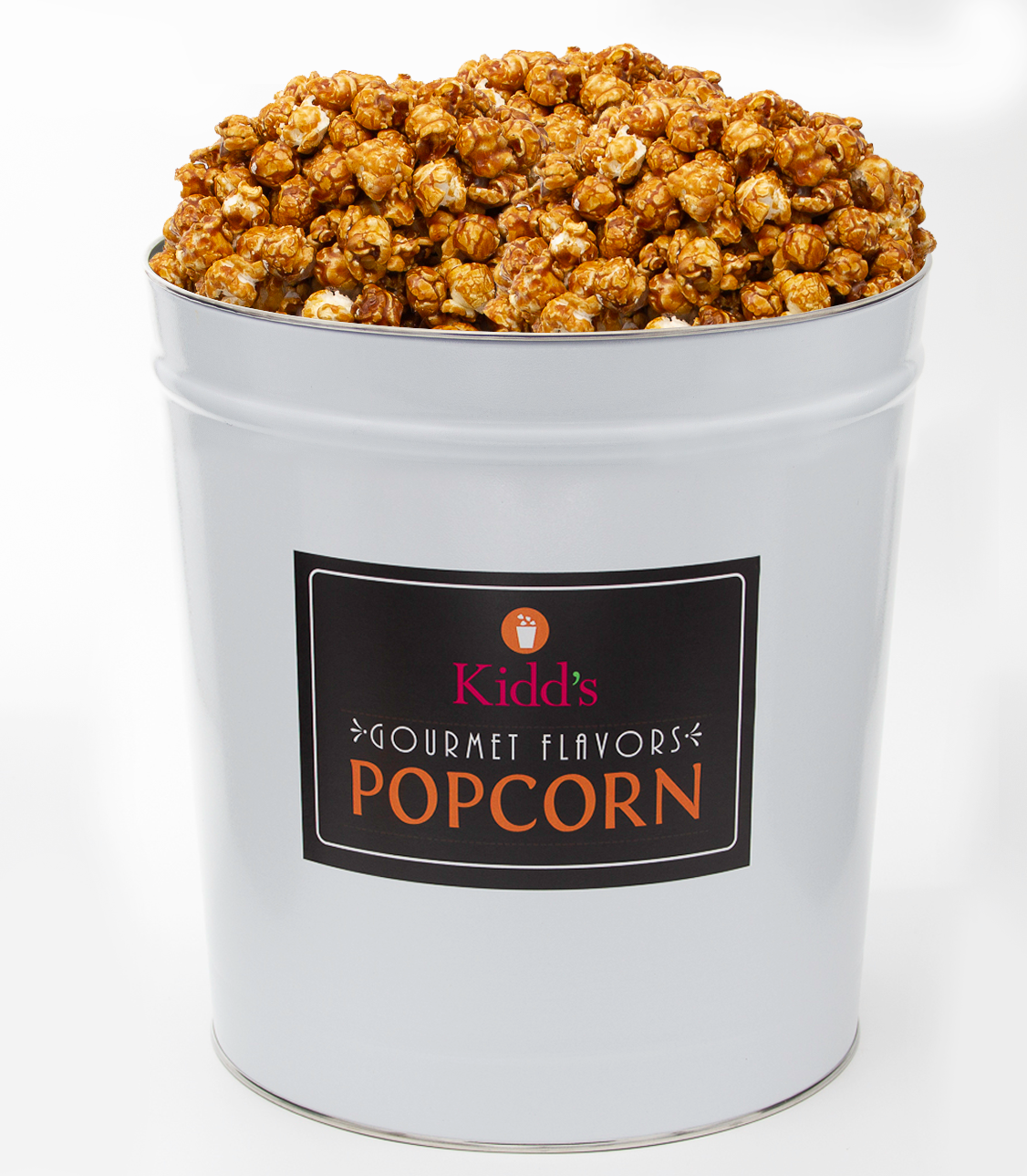 Tasty, specialty caramel popcorn. In large, 3.5 gallon resealable and reusable white with black label popcorn canister.