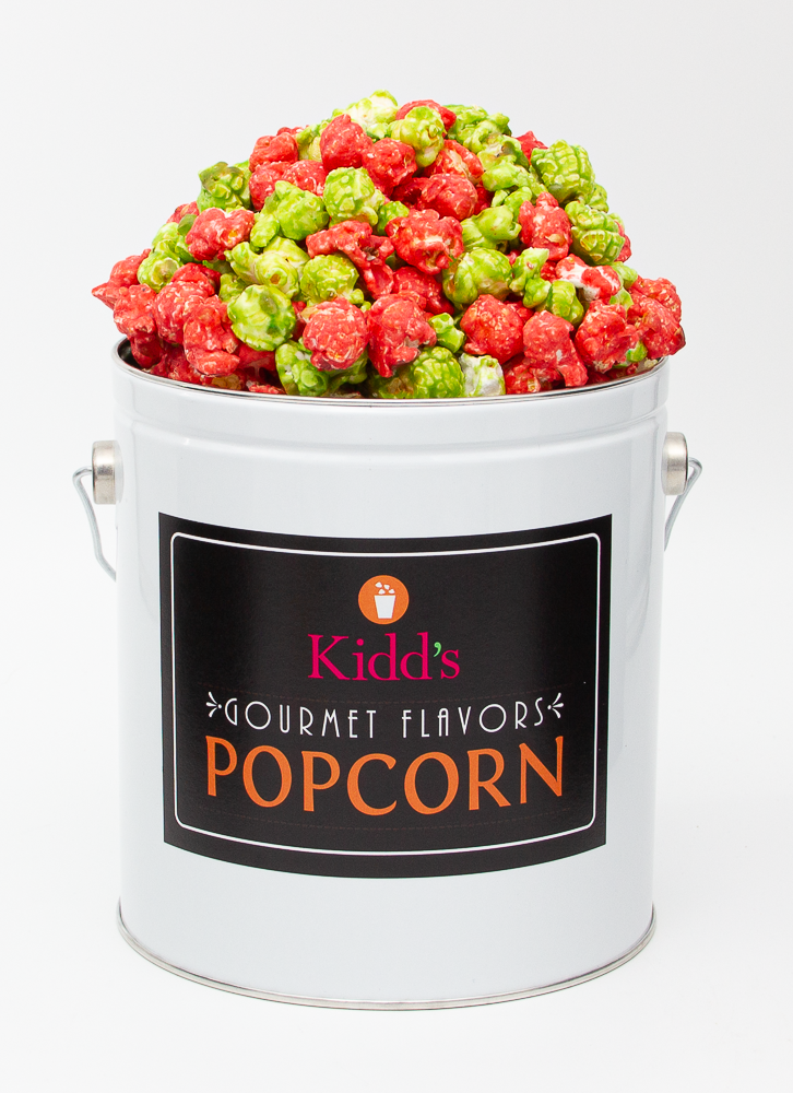 Ship Fancy popcorn in RedHots Cinnamon and sweet green apple flavored popcorn in a white 1 gallon popcorn gift tin 