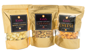 Amazing sampler pack comes with three medium bags of our famous three flavors white cheddar, caramel and cheese. 