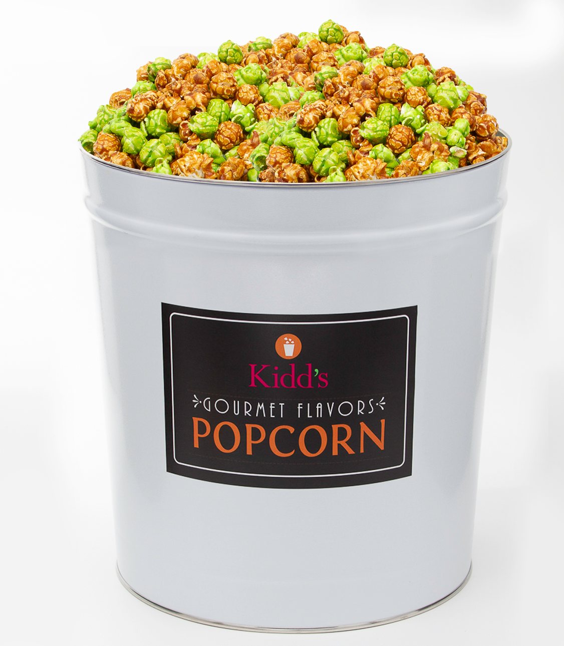 Online large gift tin for sale in our signature white tin with black label. Tin is filled with our best caramel popcorn and tart, tasty green apple mix. 