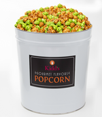 Load image into Gallery viewer, Online large gift tin for sale in our signature white tin with black label. Tin is filled with our best caramel popcorn and tart, tasty green apple mix. 
