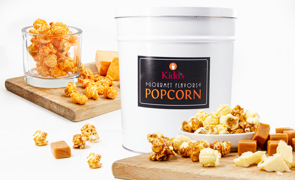 3.5 gallon White Popcorn Tin with Black Label filled with Caramel Corn, Cheese Corn and White Cheddar Popcorn