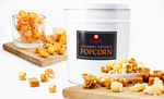 Load image into Gallery viewer, 3.5 gallon White Popcorn Tin with Black Label filled with Caramel Corn, Cheese Corn and White Cheddar Popcorn
