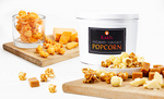 Load image into Gallery viewer, 2 gallon White Popcorn Tin with Black Label filled with Caramel Corn, Cheese Corn and White Cheddar Popcorn
