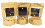 Load image into Gallery viewer, Luxury Gold Gourmet Popcorn Bags In Three Sampler Pack of White Cheddar, The Best Caramel Corn and Indulgent Cheddar Cheese.
